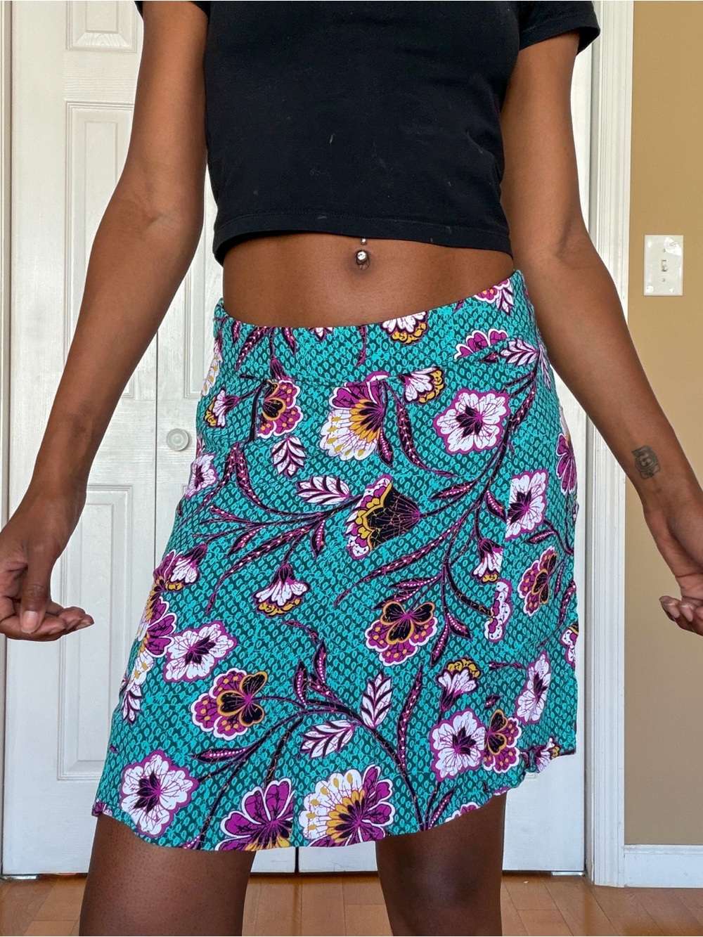 LOFT Teal Floral Mini Skirt with Purple, White & Yellow Accents